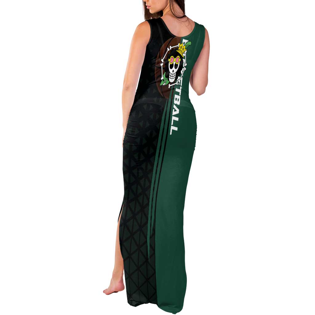 Brook One Piece Basketball Theme Green and Black Design Tank Maxi Dress with Skull Emblem and Energetic Pose - The Mazicc