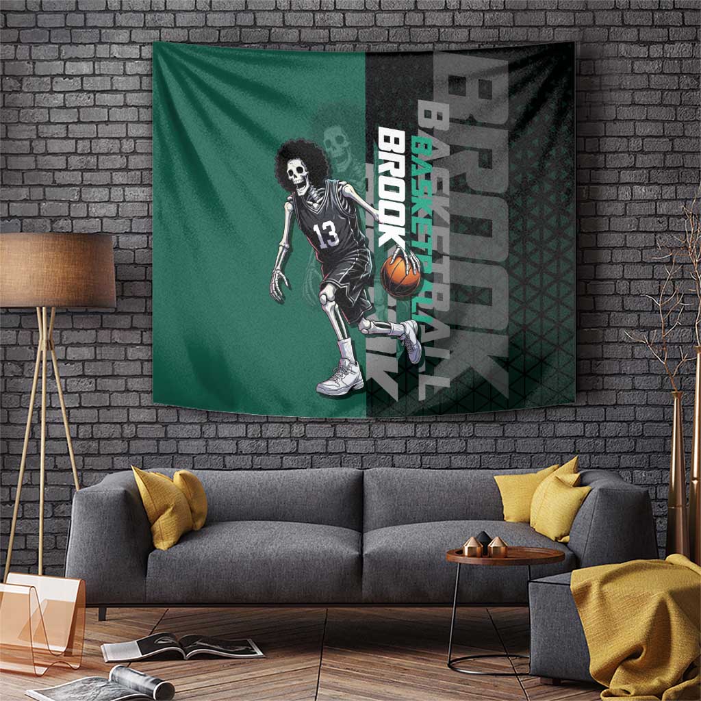 Brook One Piece Basketball Theme Green and Black Design Tapestry with Skull Emblem and Energetic Pose - The Mazicc