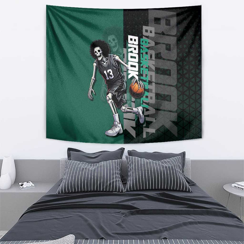 Brook One Piece Basketball Theme Green and Black Design Tapestry with Skull Emblem and Energetic Pose - The Mazicc