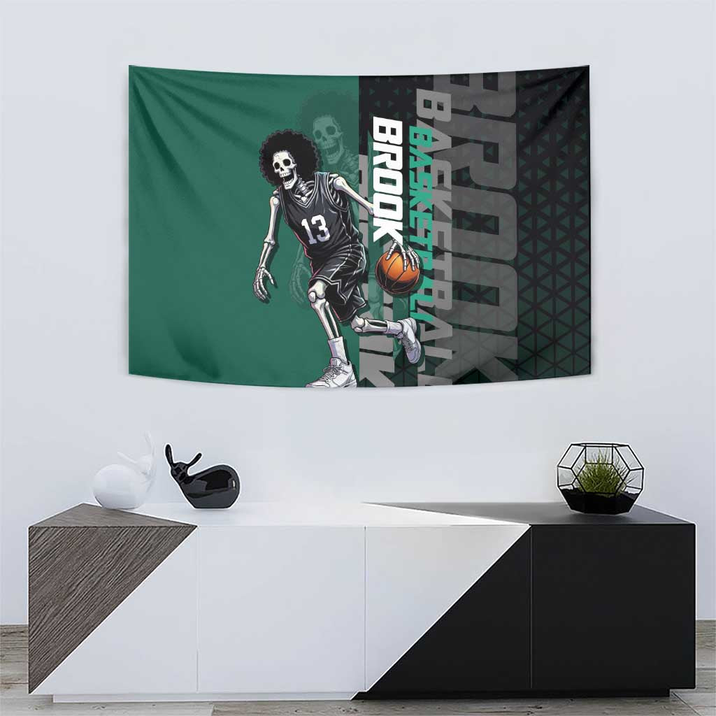 Brook One Piece Basketball Theme Green and Black Design Tapestry with Skull Emblem and Energetic Pose - The Mazicc