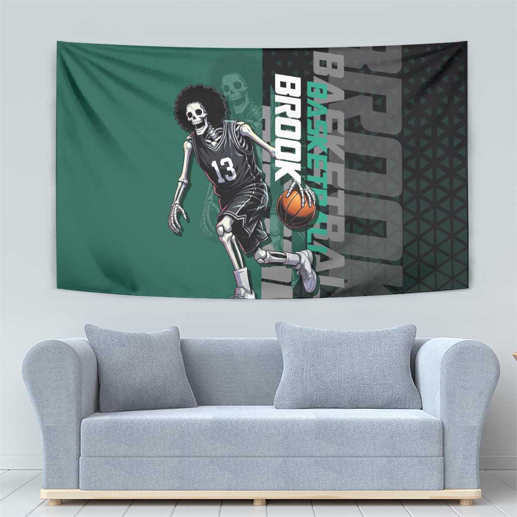 Brook One Piece Basketball Theme Green and Black Design Tapestry with Skull Emblem and Energetic Pose - The Mazicc
