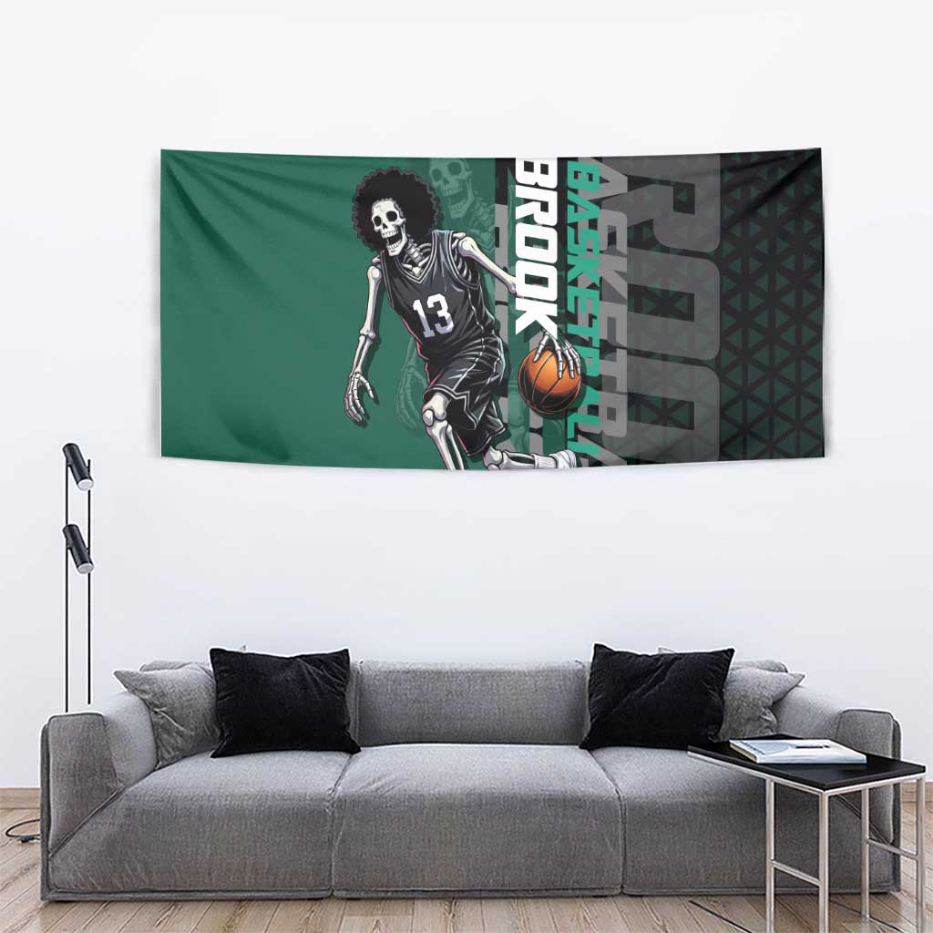 Brook One Piece Basketball Theme Green and Black Design Tapestry with Skull Emblem and Energetic Pose - The Mazicc