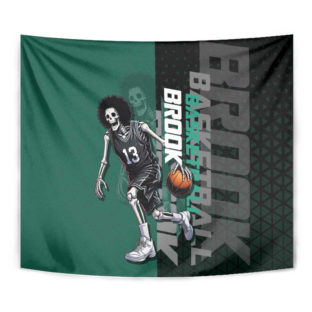 Brook One Piece Basketball Theme Green and Black Design Tapestry with Skull Emblem and Energetic Pose - The Mazicc