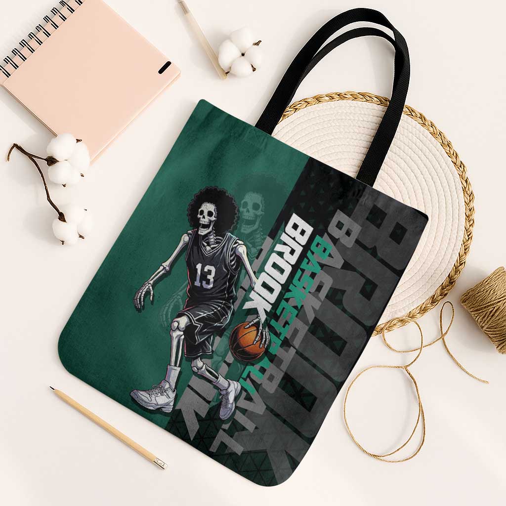 Brook One Piece Basketball Theme Green and Black Design Tote Bag with Skull Emblem and Energetic Pose - The Mazicc