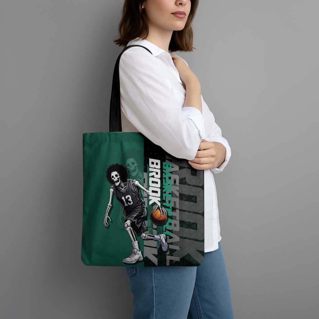 Brook One Piece Basketball Theme Green and Black Design Tote Bag with Skull Emblem and Energetic Pose - The Mazicc