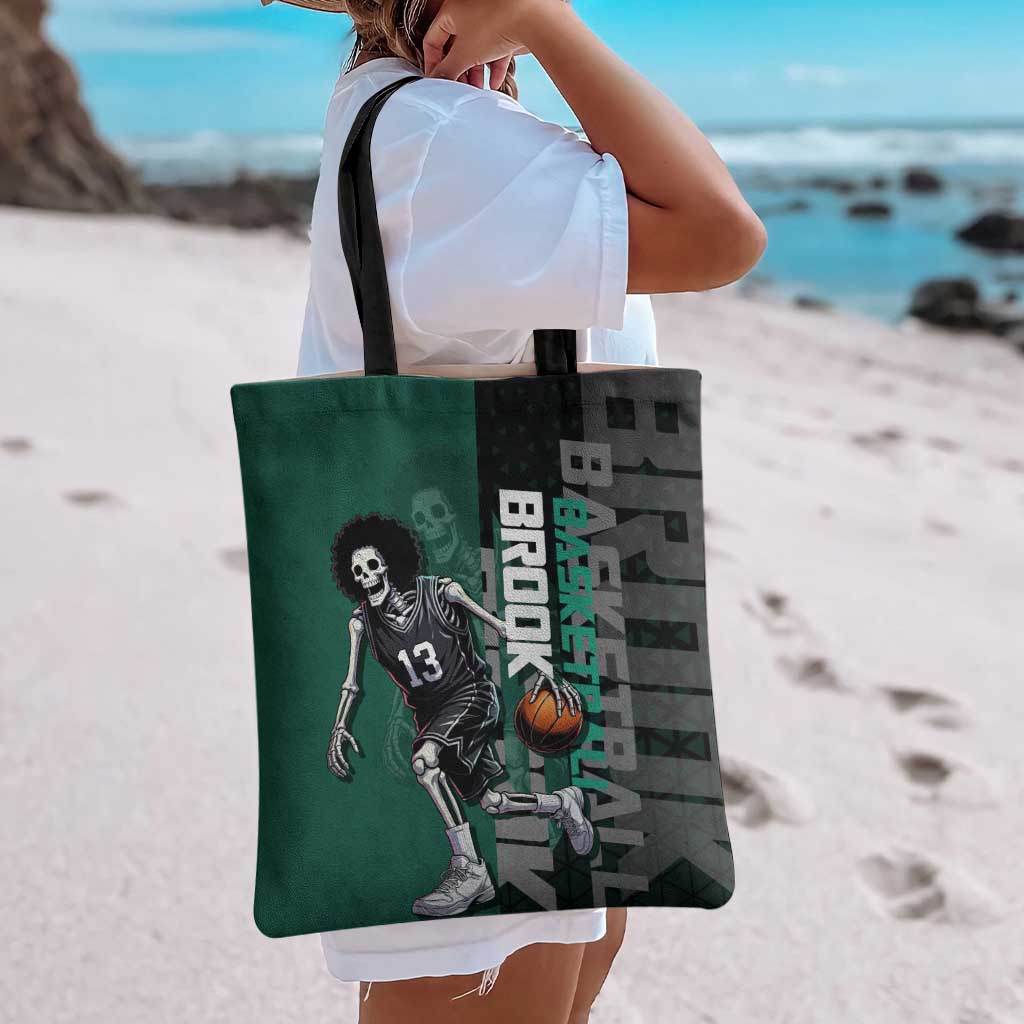 Brook One Piece Basketball Theme Green and Black Design Tote Bag with Skull Emblem and Energetic Pose - The Mazicc
