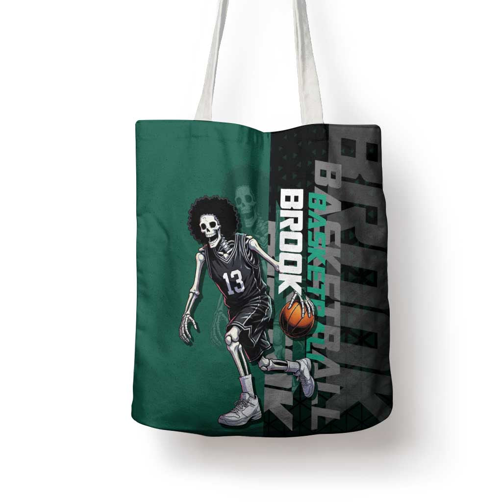 Brook One Piece Basketball Theme Green and Black Design Tote Bag with Skull Emblem and Energetic Pose - The Mazicc