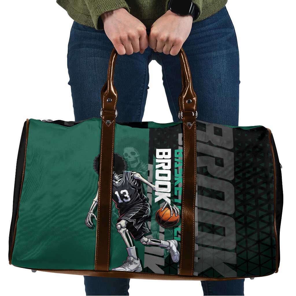 Brook One Piece Basketball Theme Green and Black Design Travel Bag with Skull Emblem and Energetic Pose - The Mazicc