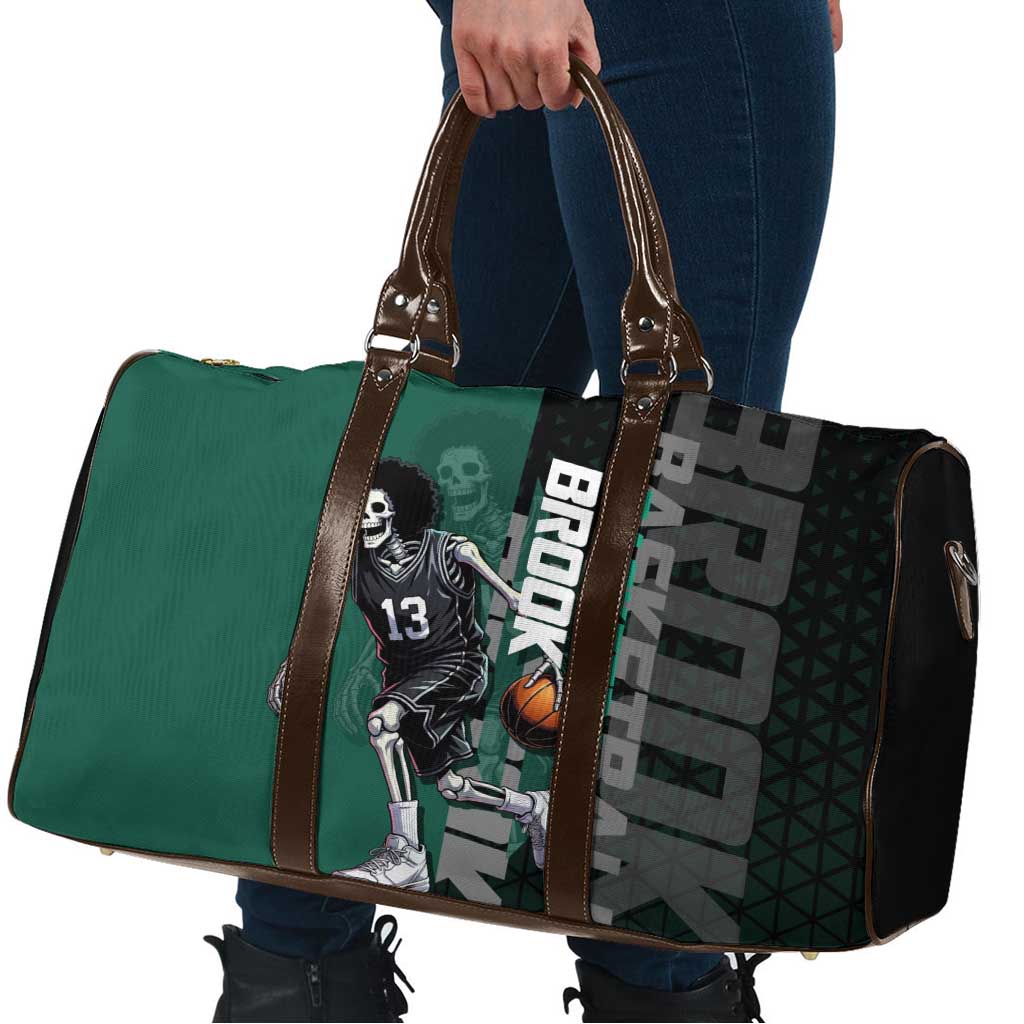 Brook One Piece Basketball Theme Green and Black Design Travel Bag with Skull Emblem and Energetic Pose - The Mazicc