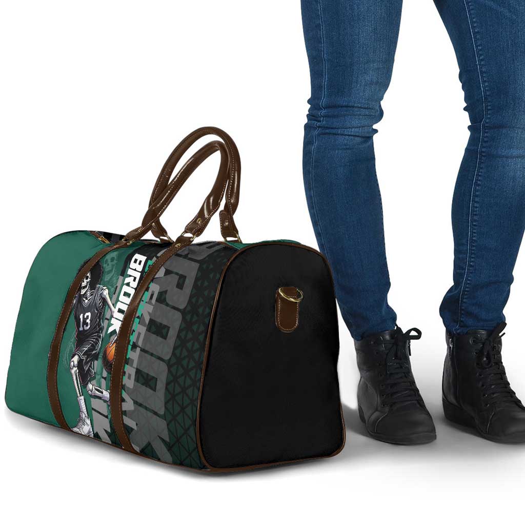 Brook One Piece Basketball Theme Green and Black Design Travel Bag with Skull Emblem and Energetic Pose - The Mazicc