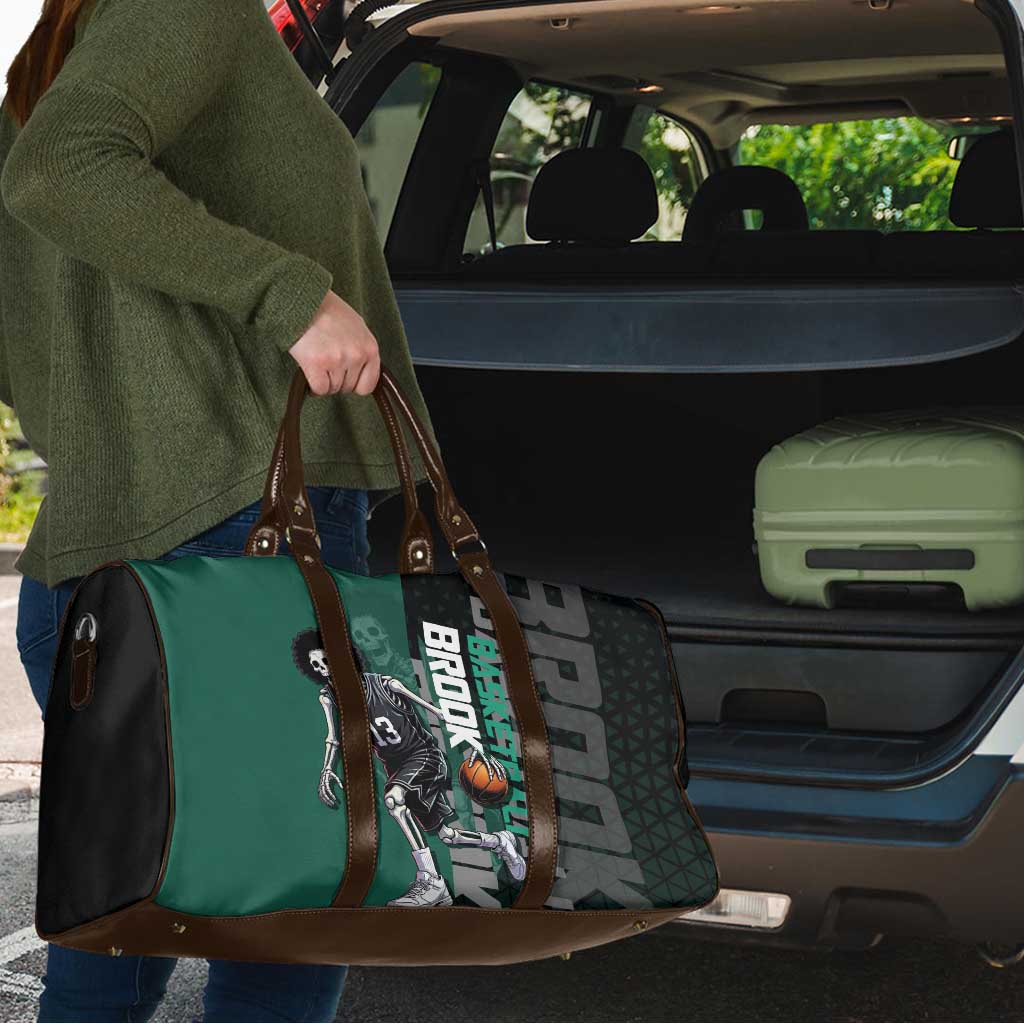 Brook One Piece Basketball Theme Green and Black Design Travel Bag with Skull Emblem and Energetic Pose - The Mazicc