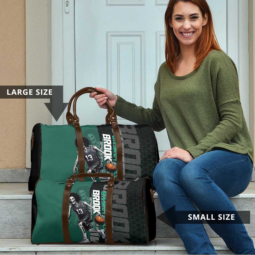 Brook One Piece Basketball Theme Green and Black Design Travel Bag with Skull Emblem and Energetic Pose - The Mazicc