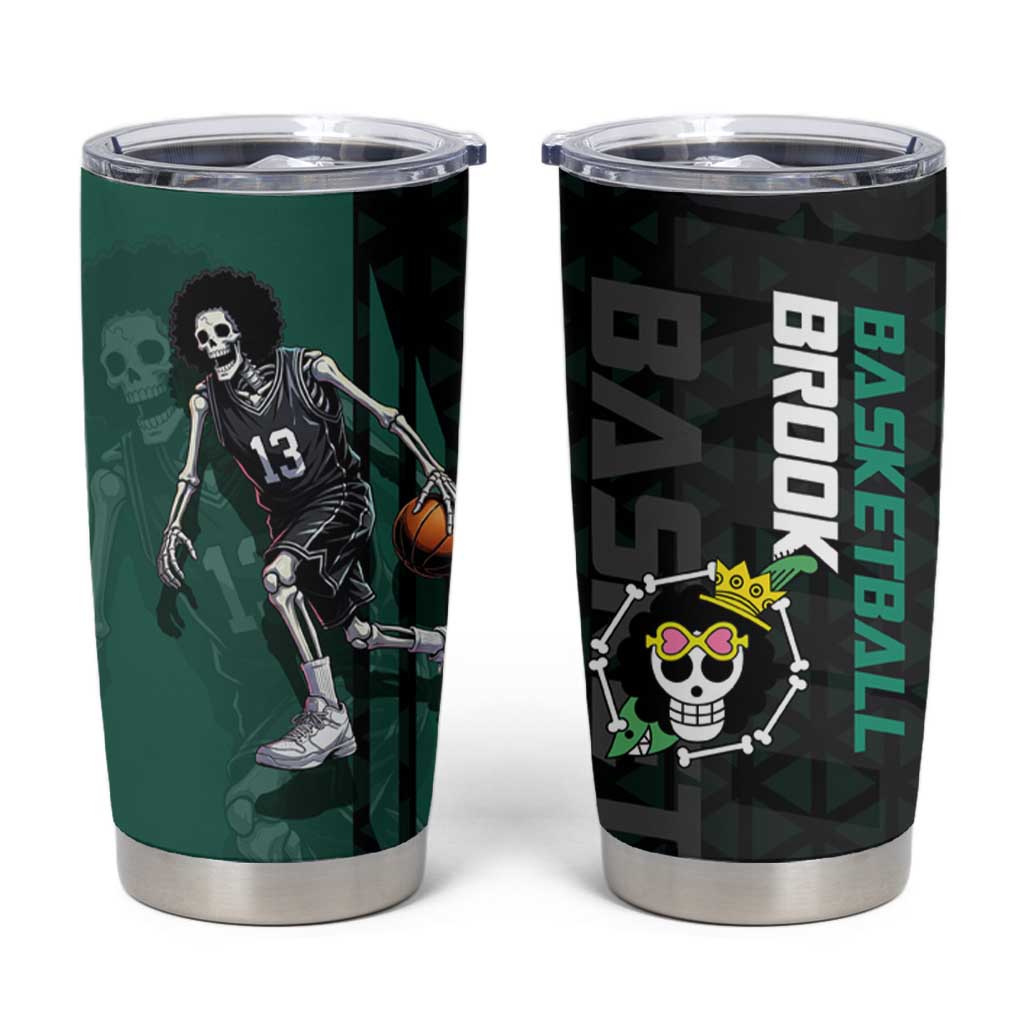 Brook One Piece Basketball Theme Green and Black Design Tumbler Cup with Skull Emblem and Energetic Pose - The Mazicc