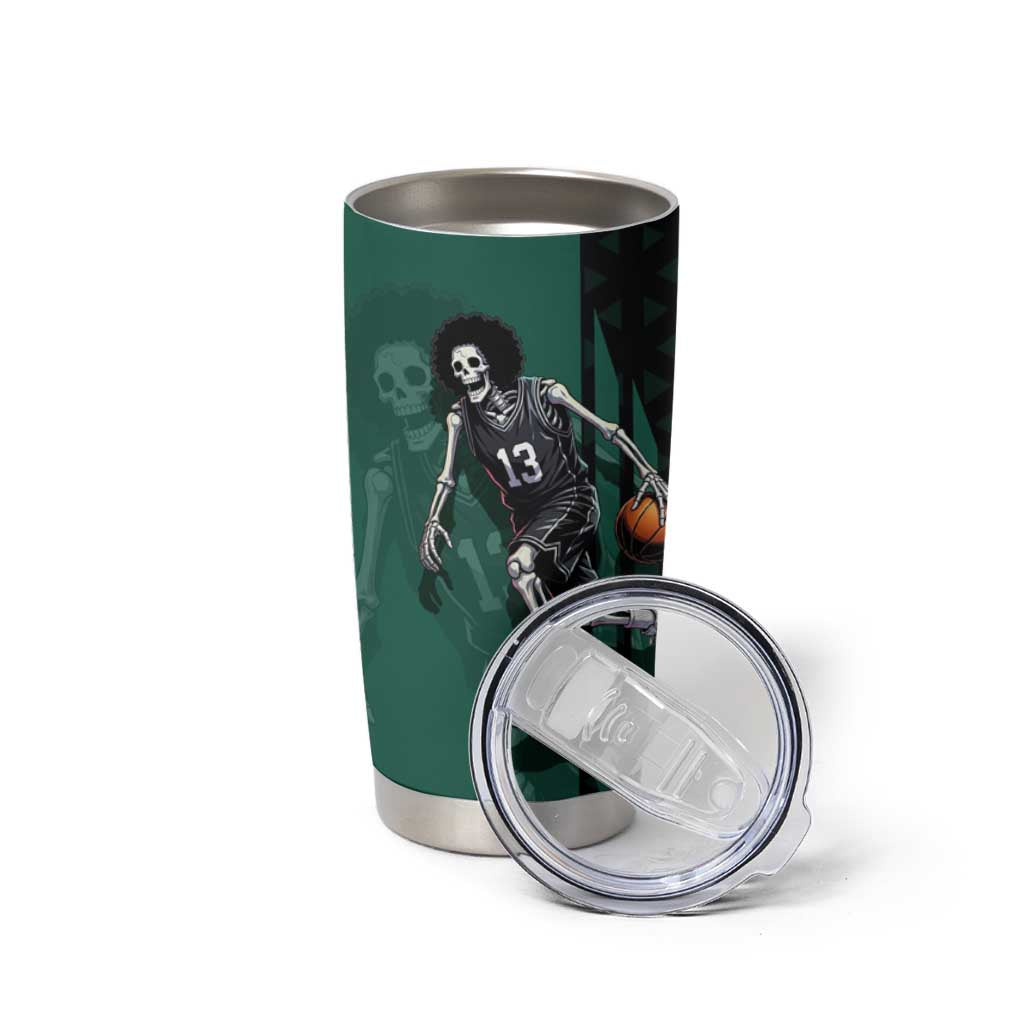 Brook One Piece Basketball Theme Green and Black Design Tumbler Cup with Skull Emblem and Energetic Pose - The Mazicc