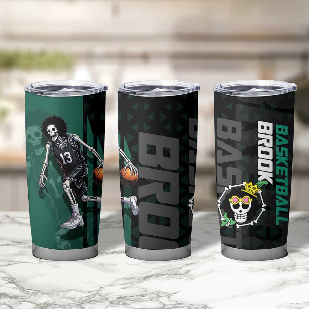 Brook One Piece Basketball Theme Green and Black Design Tumbler Cup with Skull Emblem and Energetic Pose - The Mazicc