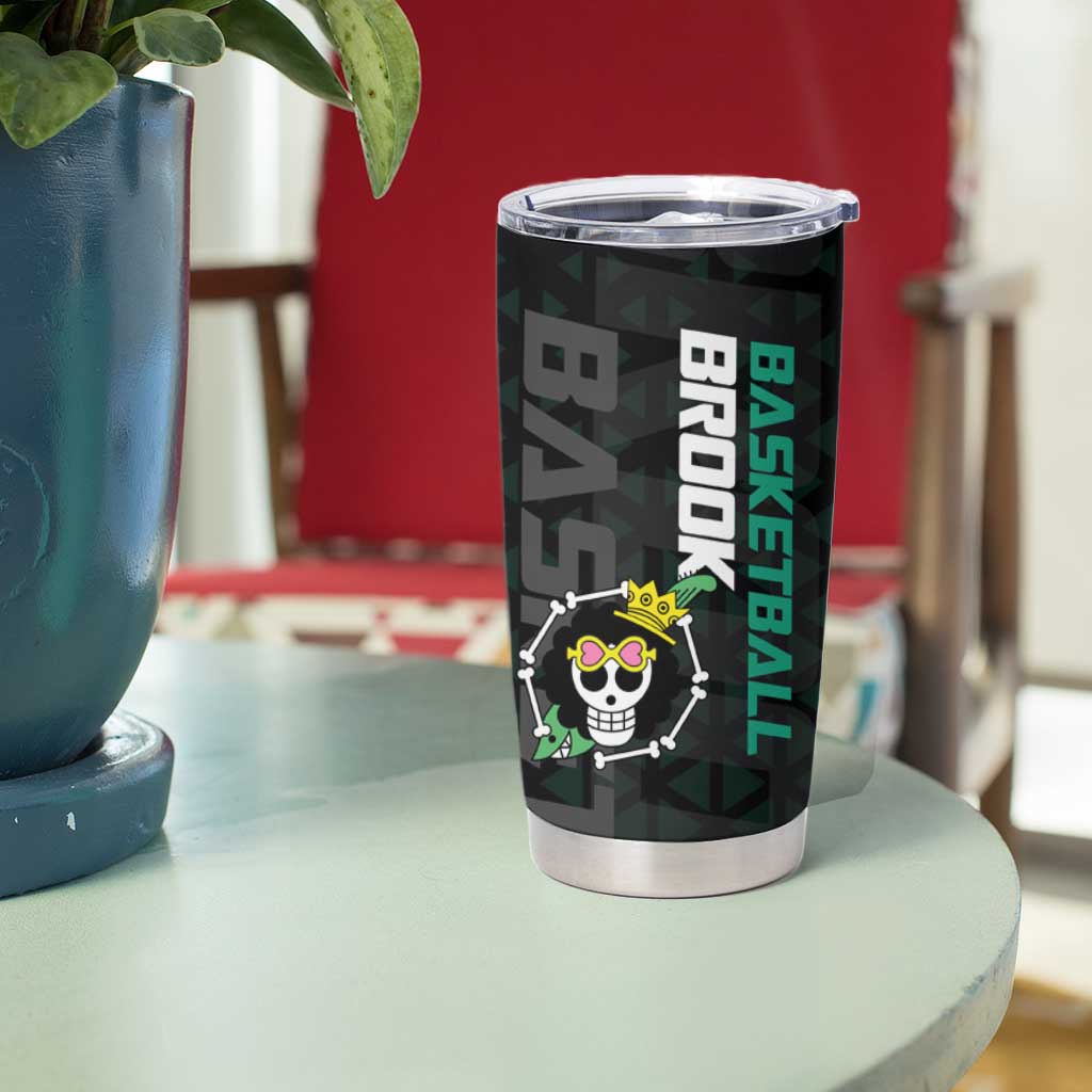 Brook One Piece Basketball Theme Green and Black Design Tumbler Cup with Skull Emblem and Energetic Pose - The Mazicc
