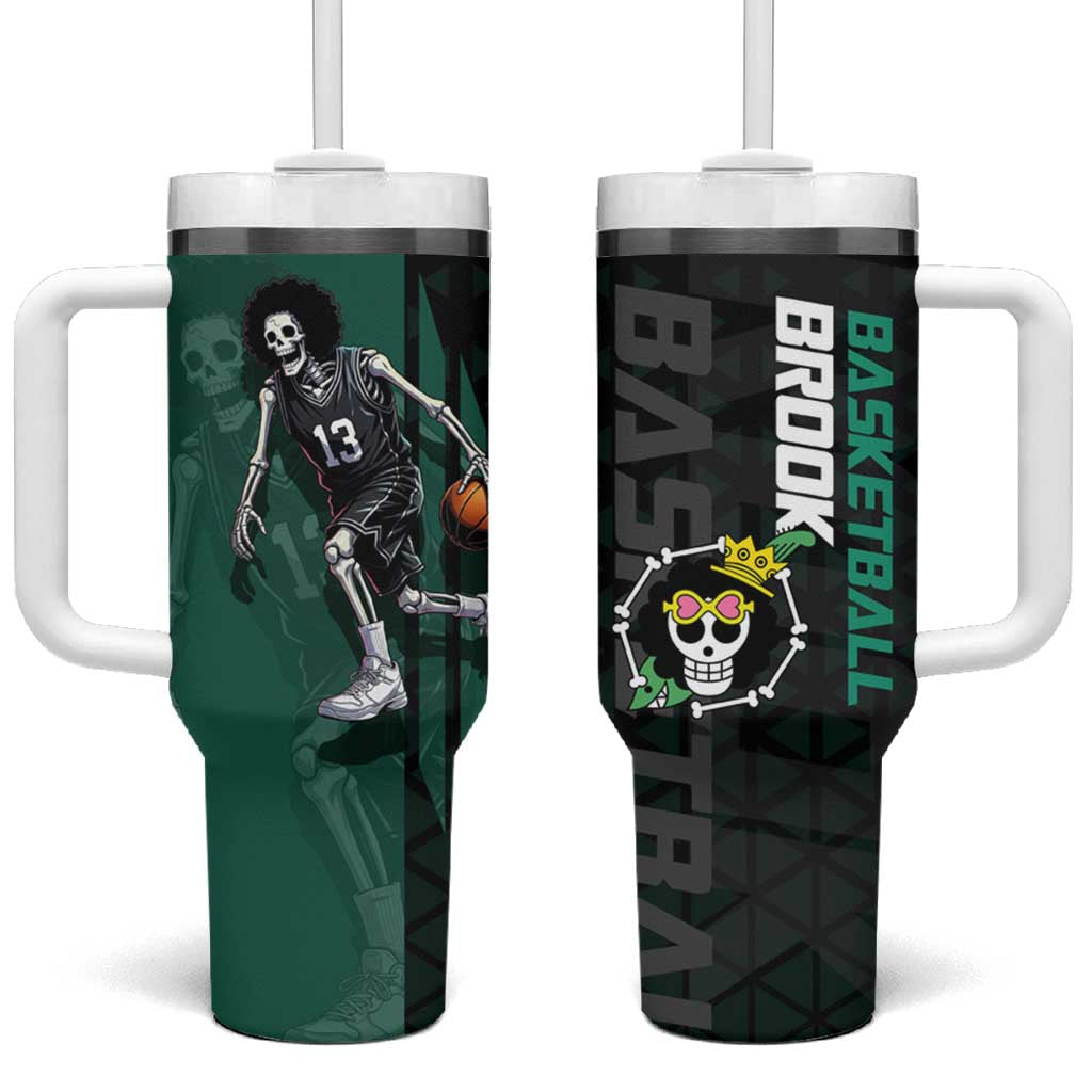 Brook One Piece Basketball Theme Green and Black Design Tumbler With Handle with Skull Emblem and Energetic Pose - The Mazicc