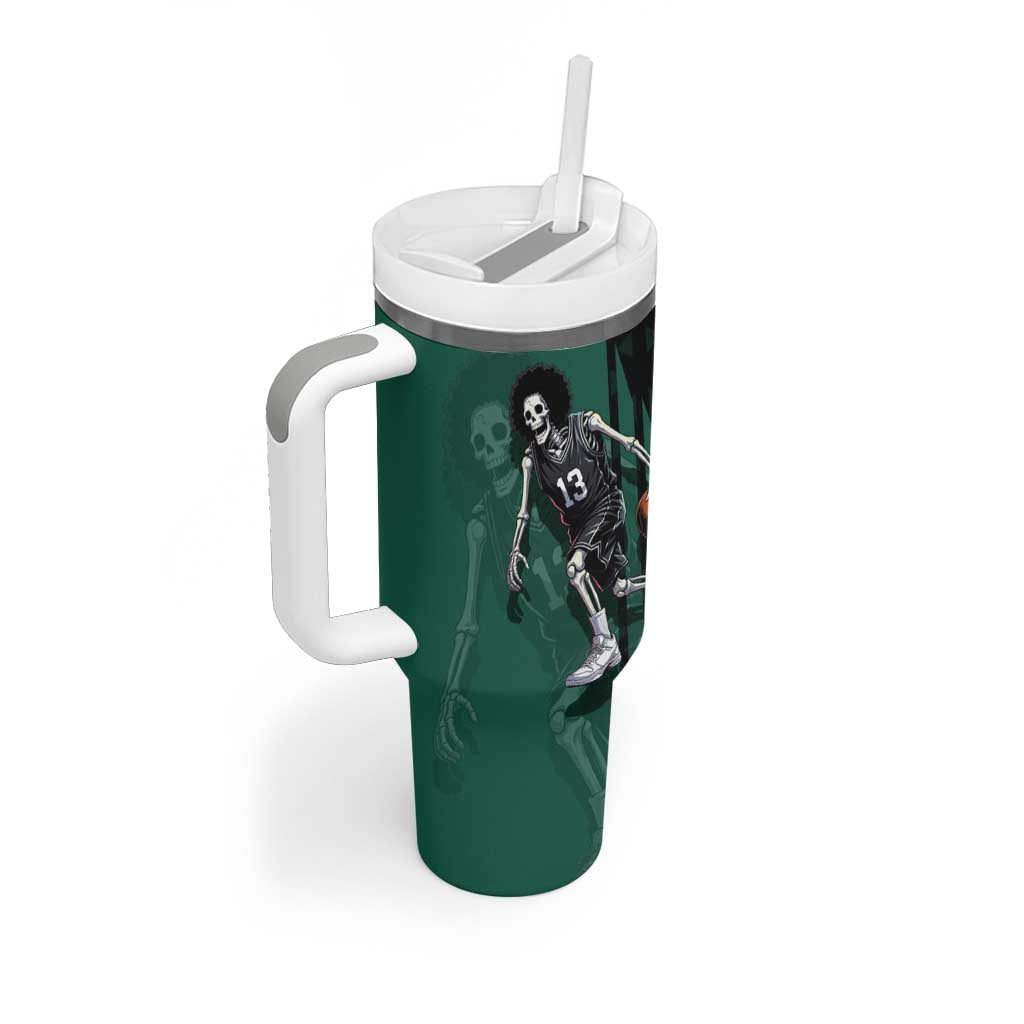 Brook One Piece Basketball Theme Green and Black Design Tumbler With Handle with Skull Emblem and Energetic Pose - The Mazicc