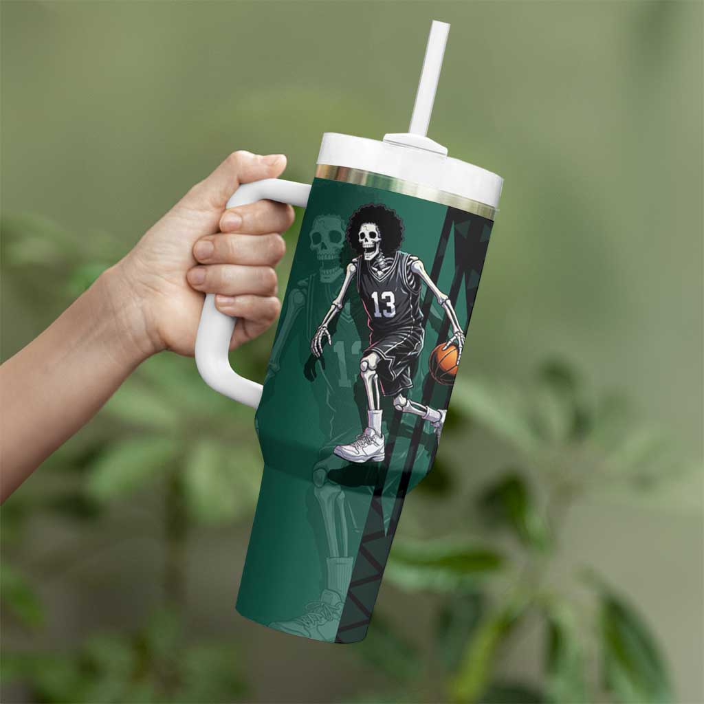 Brook One Piece Basketball Theme Green and Black Design Tumbler With Handle with Skull Emblem and Energetic Pose - The Mazicc