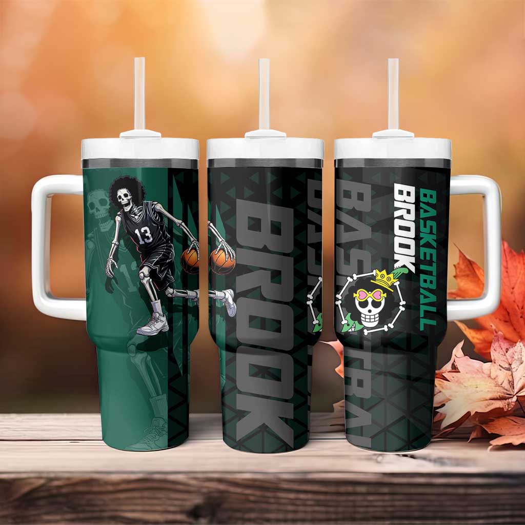 Brook One Piece Basketball Theme Green and Black Design Tumbler With Handle with Skull Emblem and Energetic Pose - The Mazicc