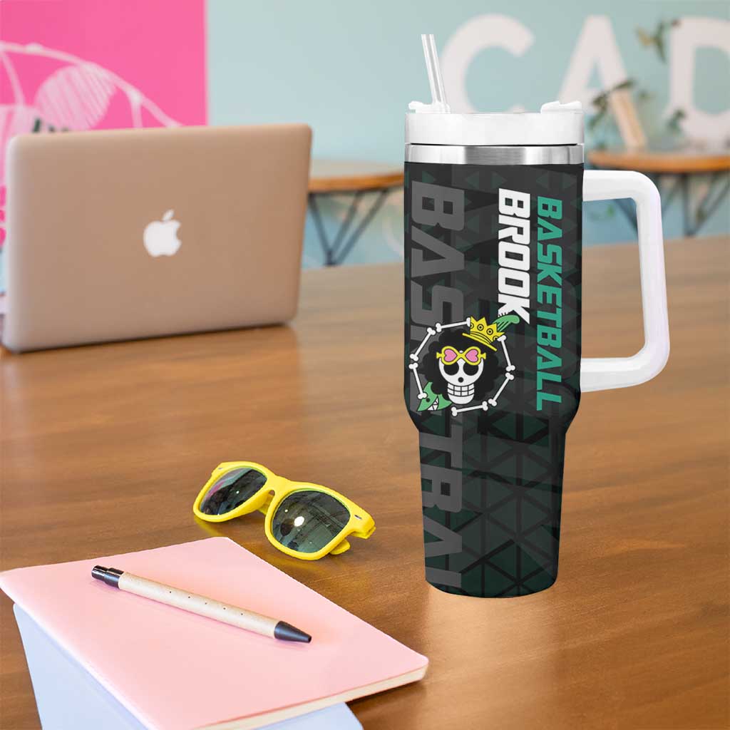Brook One Piece Basketball Theme Green and Black Design Tumbler With Handle with Skull Emblem and Energetic Pose - The Mazicc