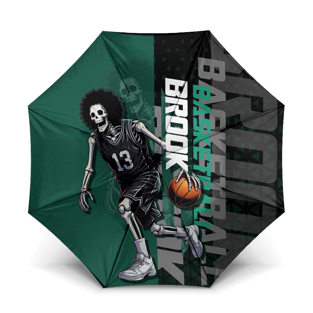 Brook One Piece Basketball Theme Green and Black Design Umbrella with Skull Emblem and Energetic Pose - The Mazicc