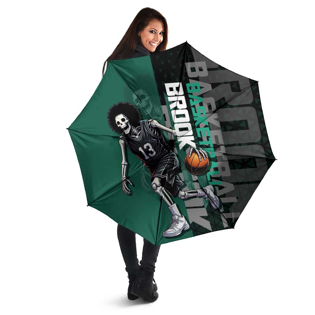 Brook One Piece Basketball Theme Green and Black Design Umbrella with Skull Emblem and Energetic Pose - The Mazicc