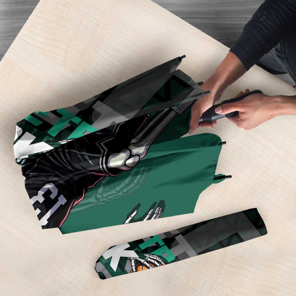 Brook One Piece Basketball Theme Green and Black Design Umbrella with Skull Emblem and Energetic Pose - The Mazicc