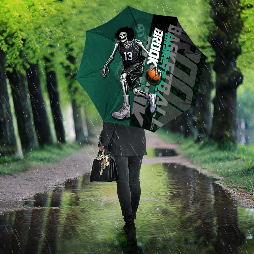 Brook One Piece Basketball Theme Green and Black Design Umbrella with Skull Emblem and Energetic Pose - The Mazicc