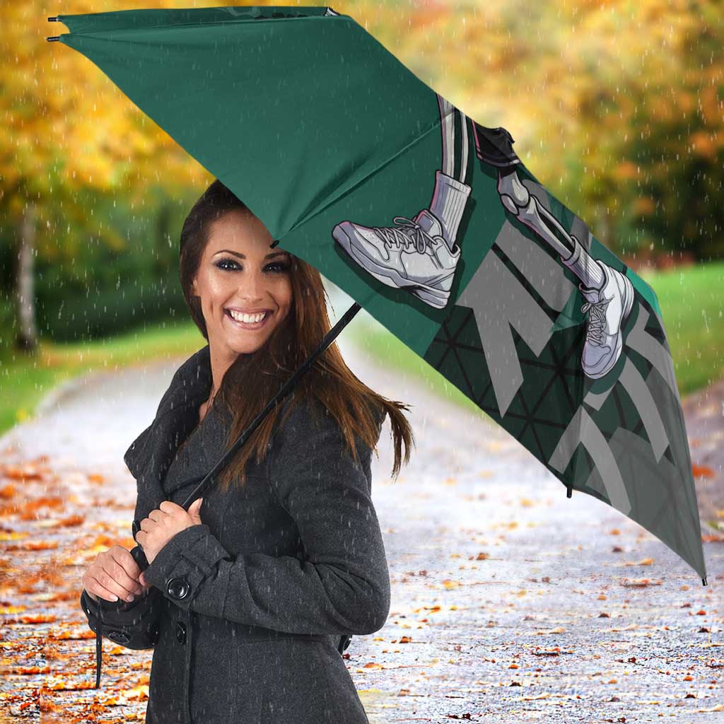 Brook One Piece Basketball Theme Green and Black Design Umbrella with Skull Emblem and Energetic Pose - The Mazicc