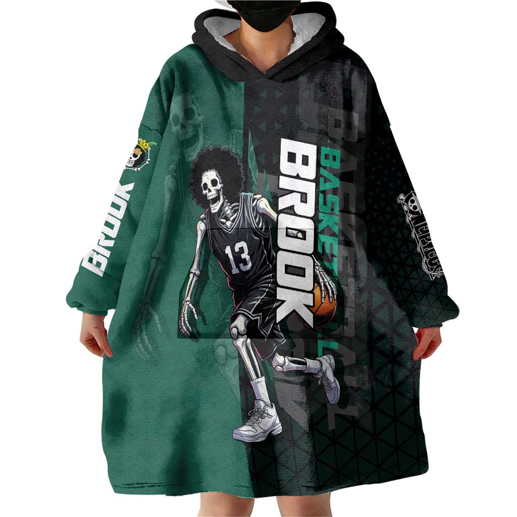 Brook One Piece Basketball Theme Green and Black Design Wearable Blanket Hoodie with Skull Emblem and Energetic Pose - The Mazicc