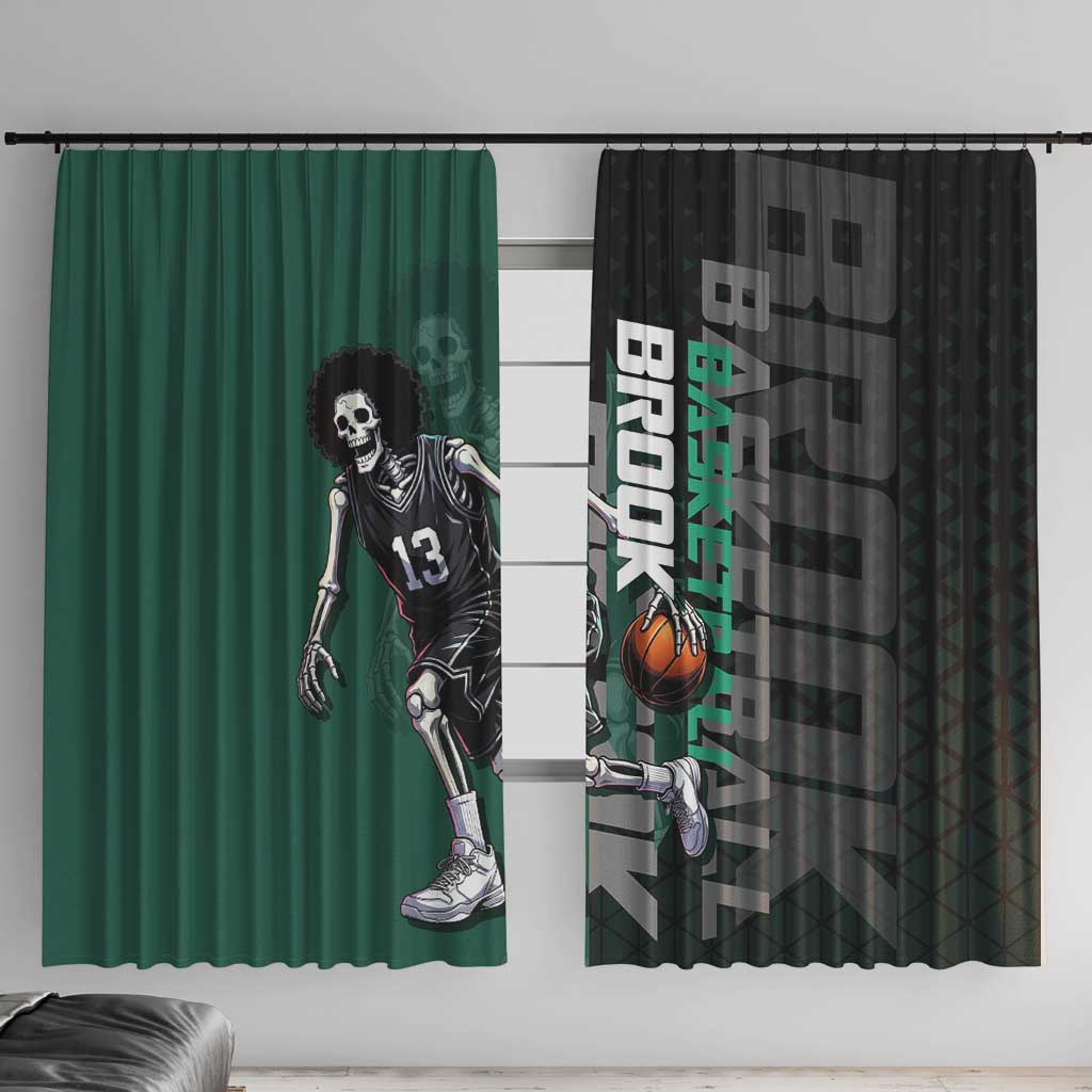 Brook One Piece Basketball Theme Green and Black Design Window Curtain with Skull Emblem and Energetic Pose - The Mazicc