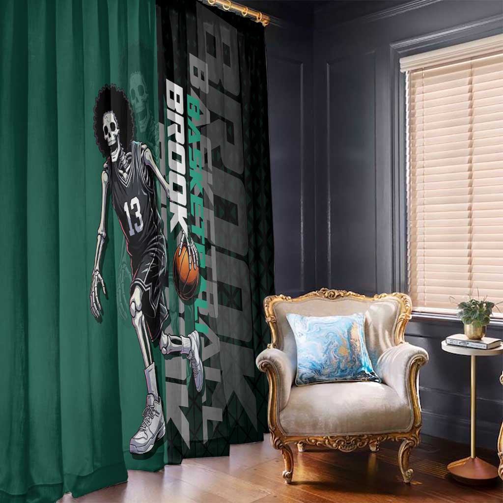 Brook One Piece Basketball Theme Green and Black Design Window Curtain with Skull Emblem and Energetic Pose - The Mazicc