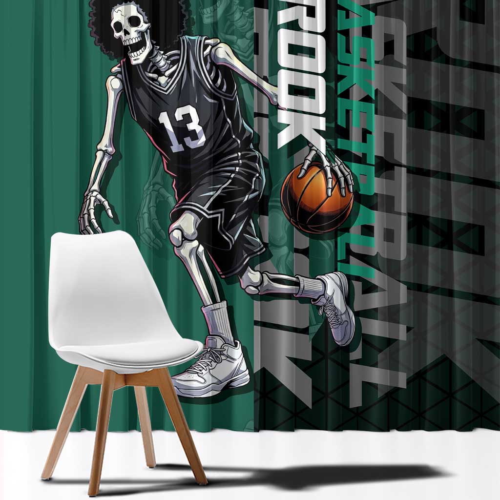 Brook One Piece Basketball Theme Green and Black Design Window Curtain with Skull Emblem and Energetic Pose - The Mazicc