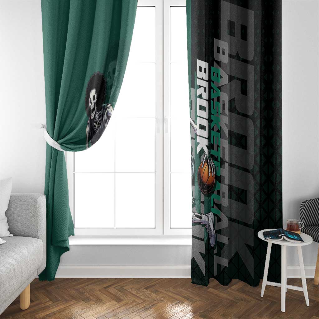 Brook One Piece Basketball Theme Green and Black Design Window Curtain with Skull Emblem and Energetic Pose - The Mazicc