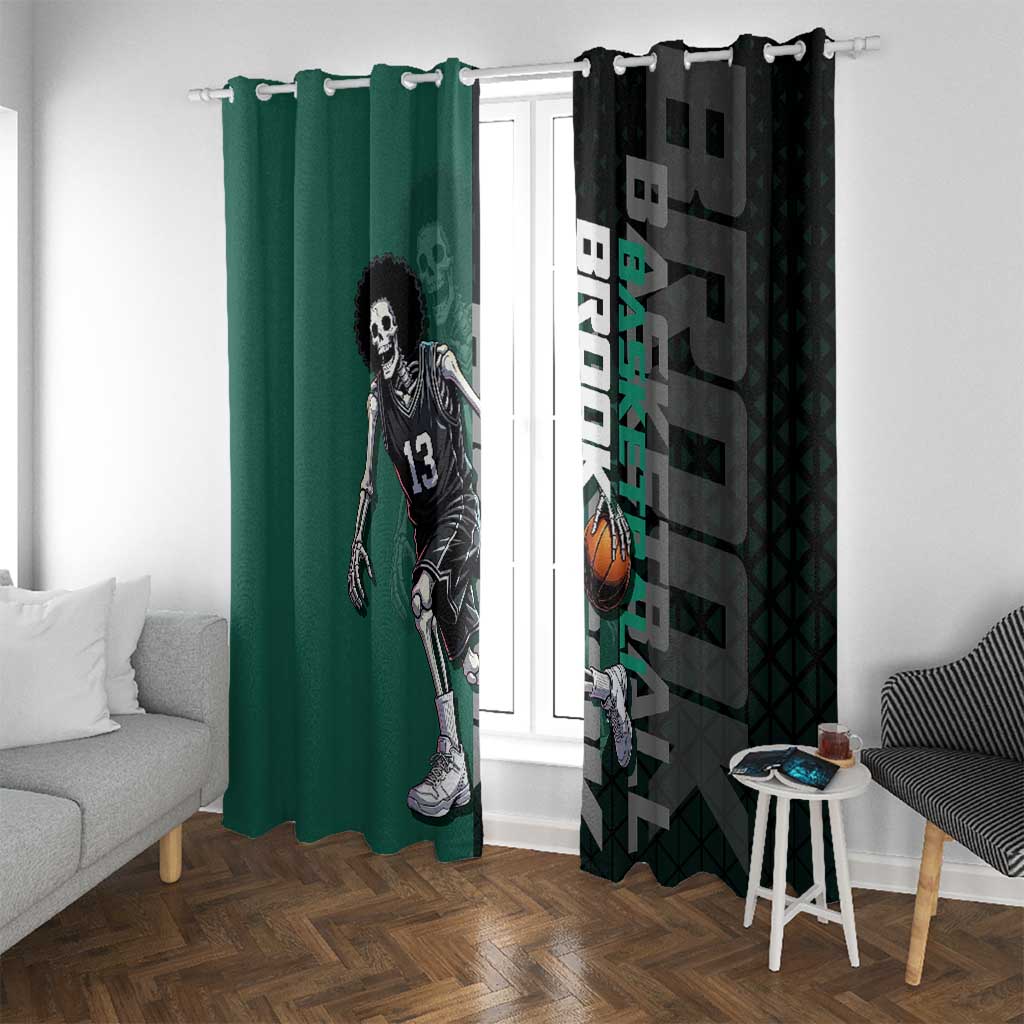 Brook One Piece Basketball Theme Green and Black Design Window Curtain with Skull Emblem and Energetic Pose - The Mazicc