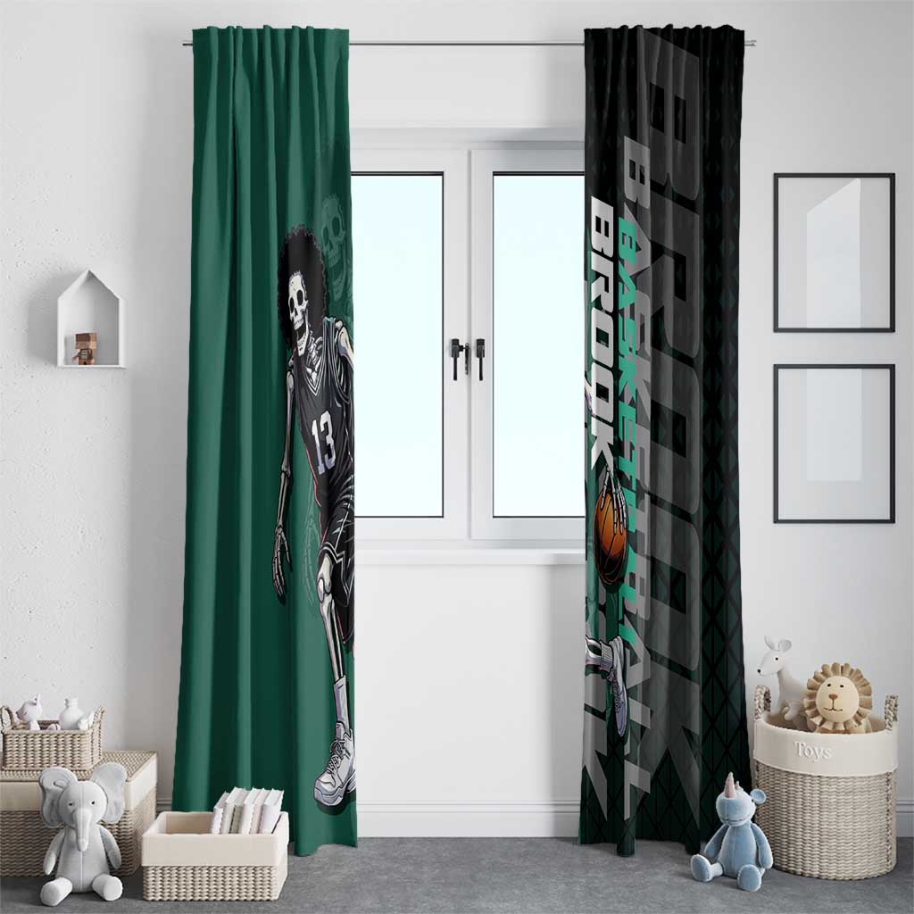 Brook One Piece Basketball Theme Green and Black Design Window Curtain with Skull Emblem and Energetic Pose - The Mazicc