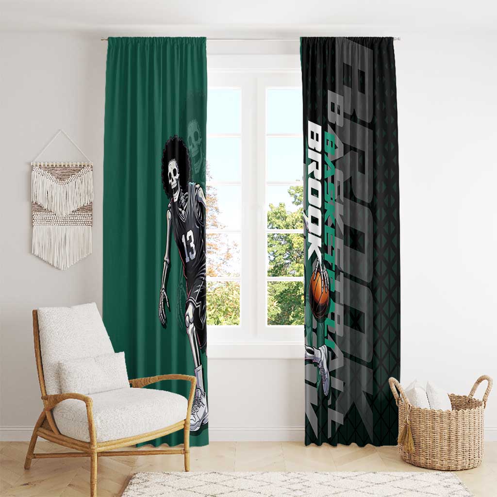 Brook One Piece Basketball Theme Green and Black Design Window Curtain with Skull Emblem and Energetic Pose - The Mazicc