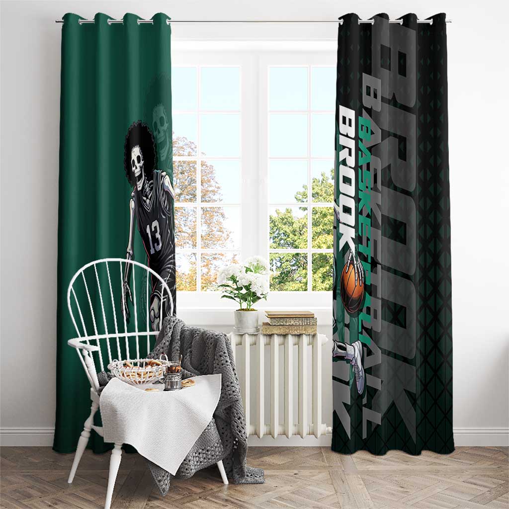 Brook One Piece Basketball Theme Green and Black Design Window Curtain with Skull Emblem and Energetic Pose - The Mazicc