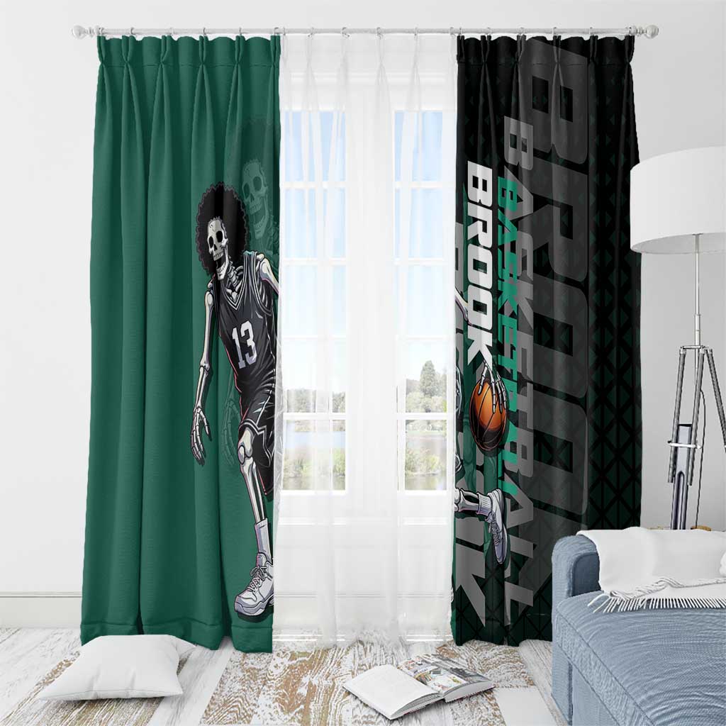 Brook One Piece Basketball Theme Green and Black Design Window Curtain with Skull Emblem and Energetic Pose - The Mazicc
