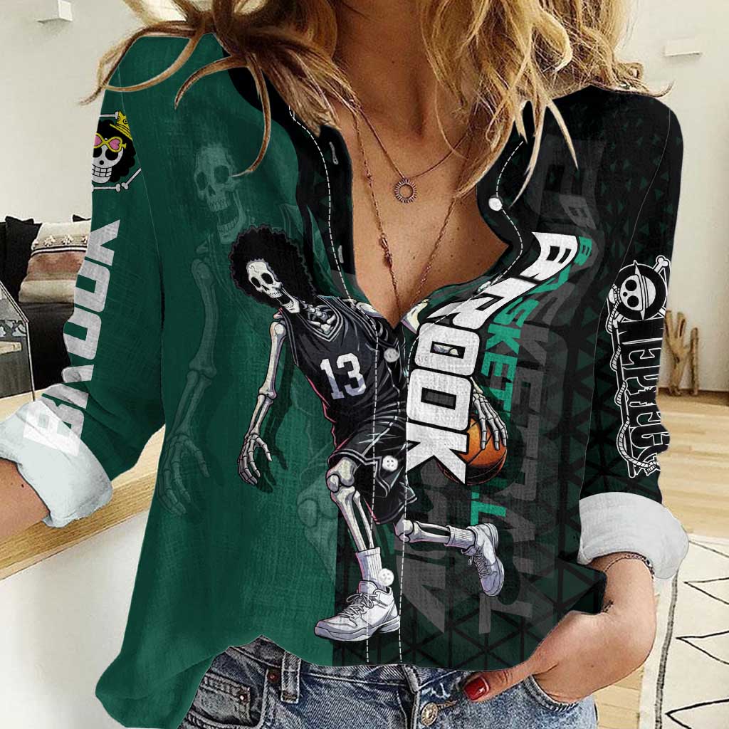 Brook One Piece Basketball Theme Green and Black Design Women Casual Shirt with Skull Emblem and Energetic Pose - The Mazicc