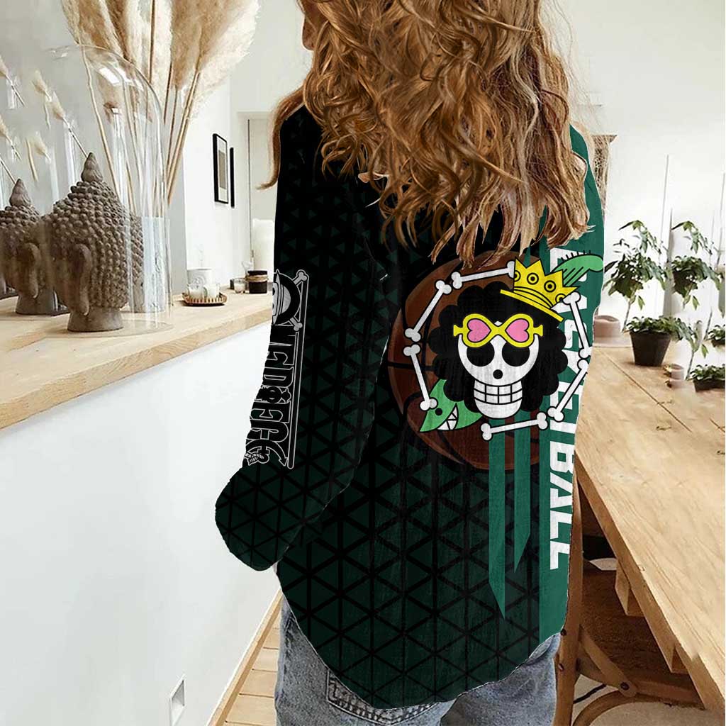 Brook One Piece Basketball Theme Green and Black Design Women Casual Shirt with Skull Emblem and Energetic Pose - The Mazicc