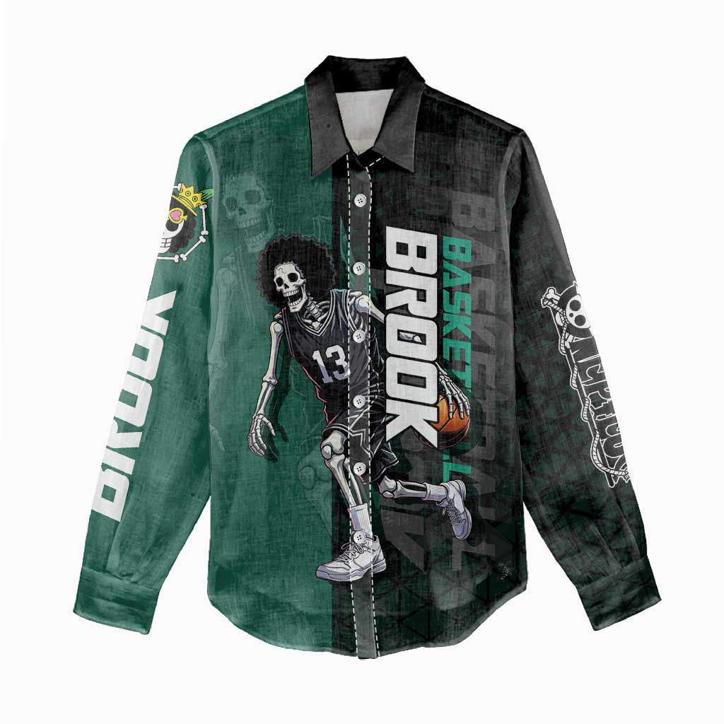Brook One Piece Basketball Theme Green and Black Design Women Casual Shirt with Skull Emblem and Energetic Pose - The Mazicc