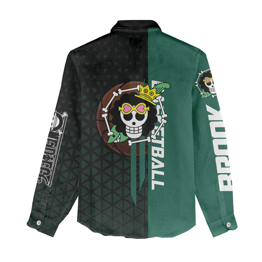 Brook One Piece Basketball Theme Green and Black Design Women Casual Shirt with Skull Emblem and Energetic Pose - The Mazicc