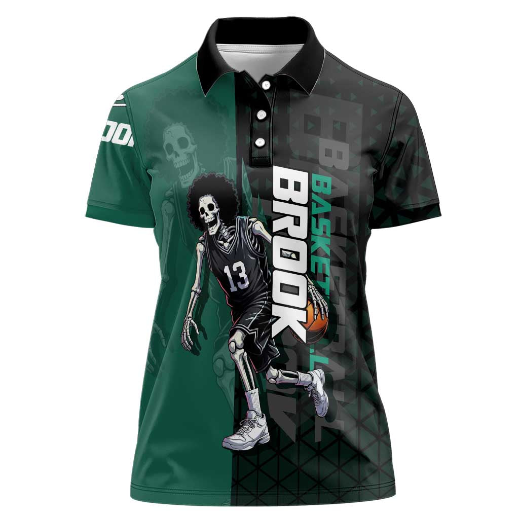 Brook One Piece Basketball Theme Green and Black Design Women Polo Shirt with Skull Emblem and Energetic Pose - The Mazicc
