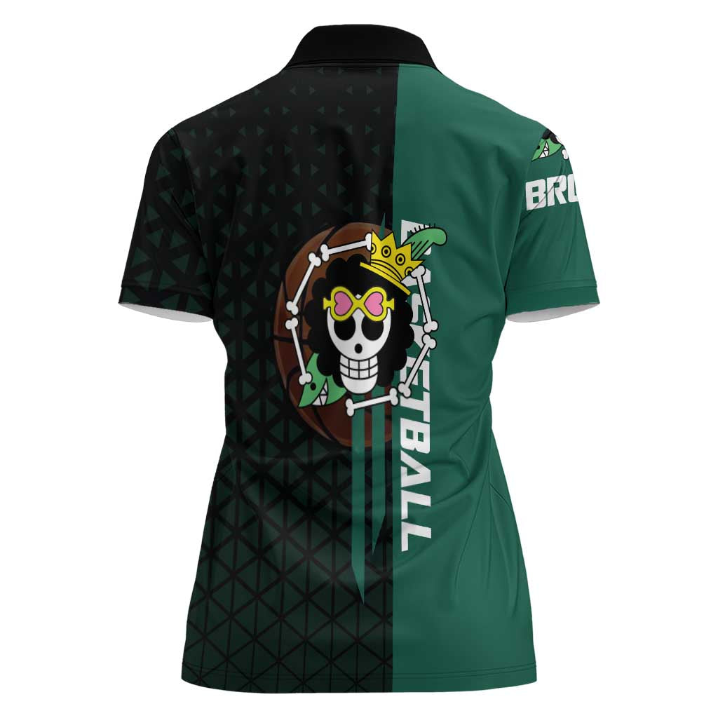Brook One Piece Basketball Theme Green and Black Design Women Polo Shirt with Skull Emblem and Energetic Pose - The Mazicc