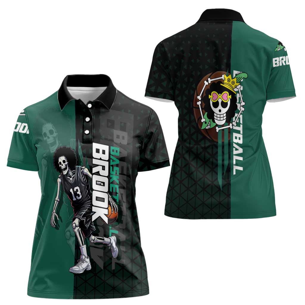 Brook One Piece Basketball Theme Green and Black Design Women Polo Shirt with Skull Emblem and Energetic Pose - The Mazicc