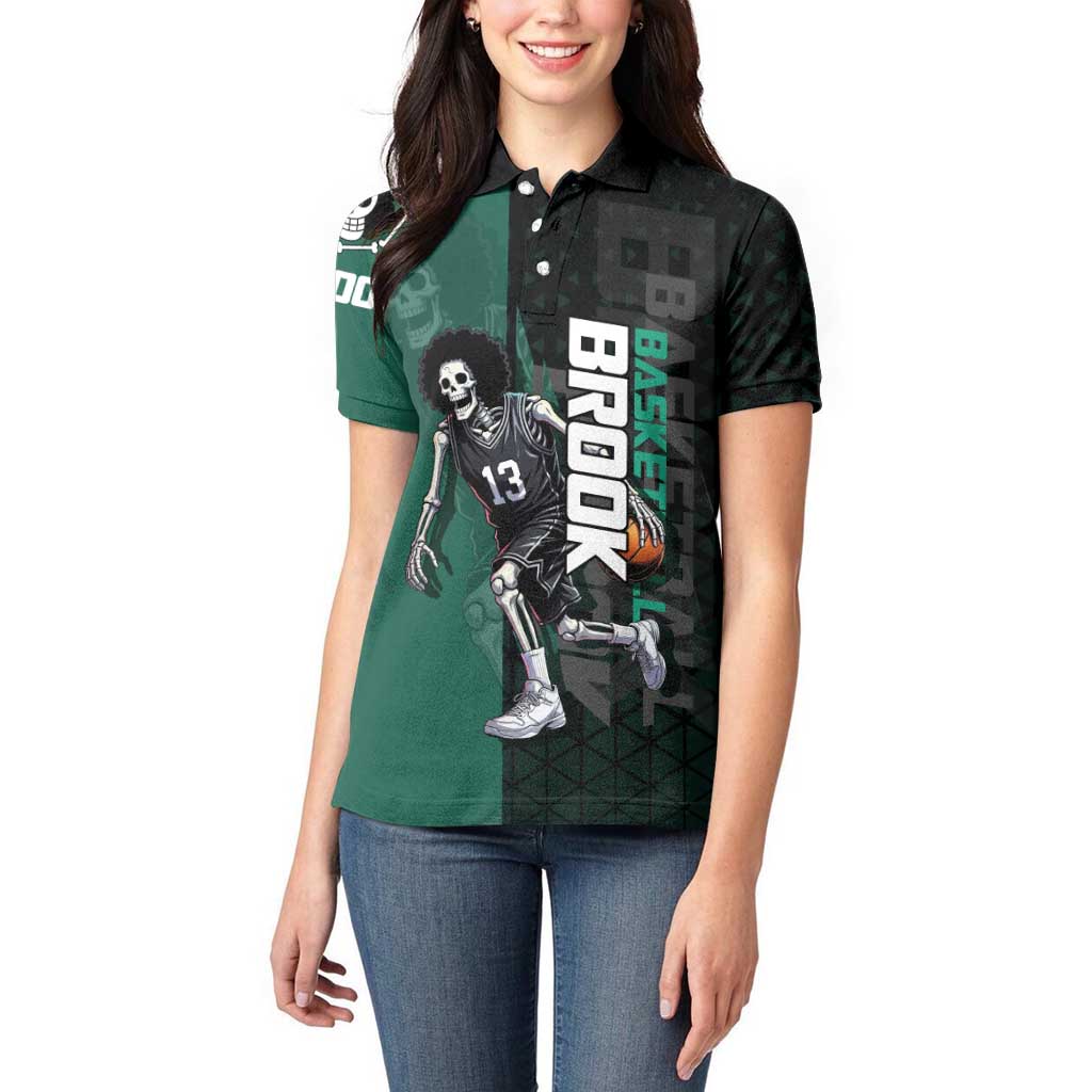 Brook One Piece Basketball Theme Green and Black Design Women Polo Shirt with Skull Emblem and Energetic Pose - The Mazicc