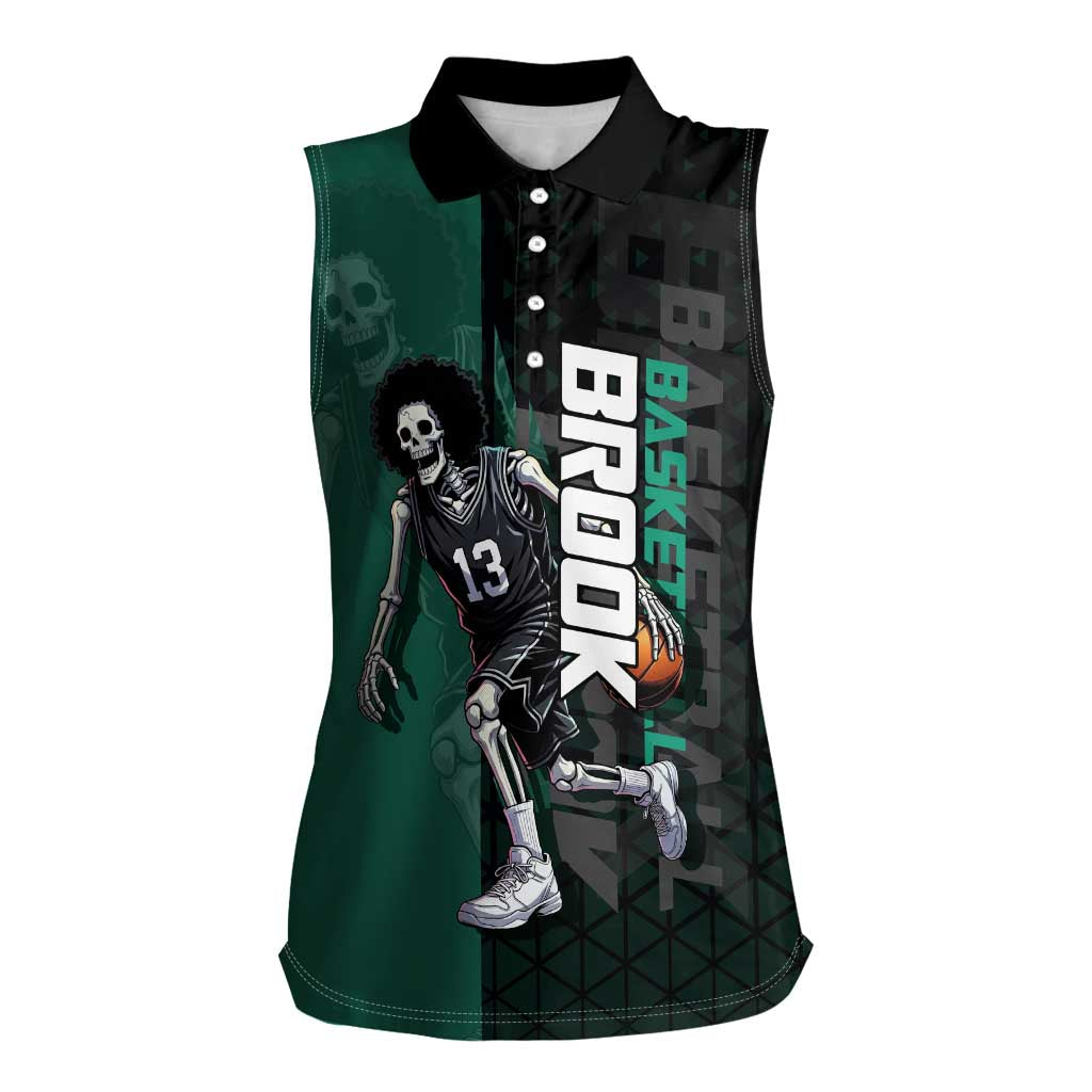 Brook One Piece Basketball Theme Green and Black Design Women Sleeveless Polo Shirt with Skull Emblem and Energetic Pose - The Mazicc