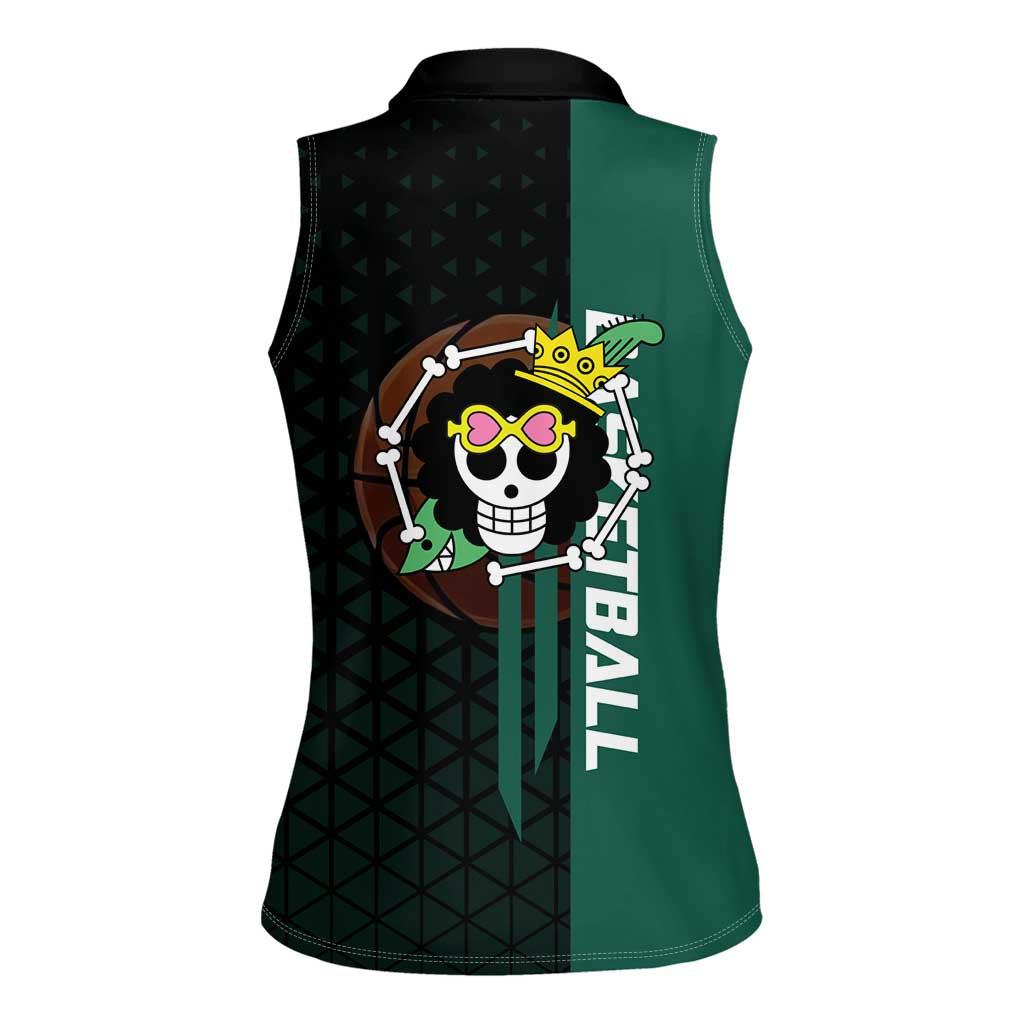 Brook One Piece Basketball Theme Green and Black Design Women Sleeveless Polo Shirt with Skull Emblem and Energetic Pose - The Mazicc